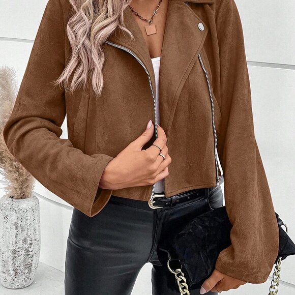 Coffee Brown Casual Women's Lapel Collar Zipper Crop Jacket - Picture 5 of 8